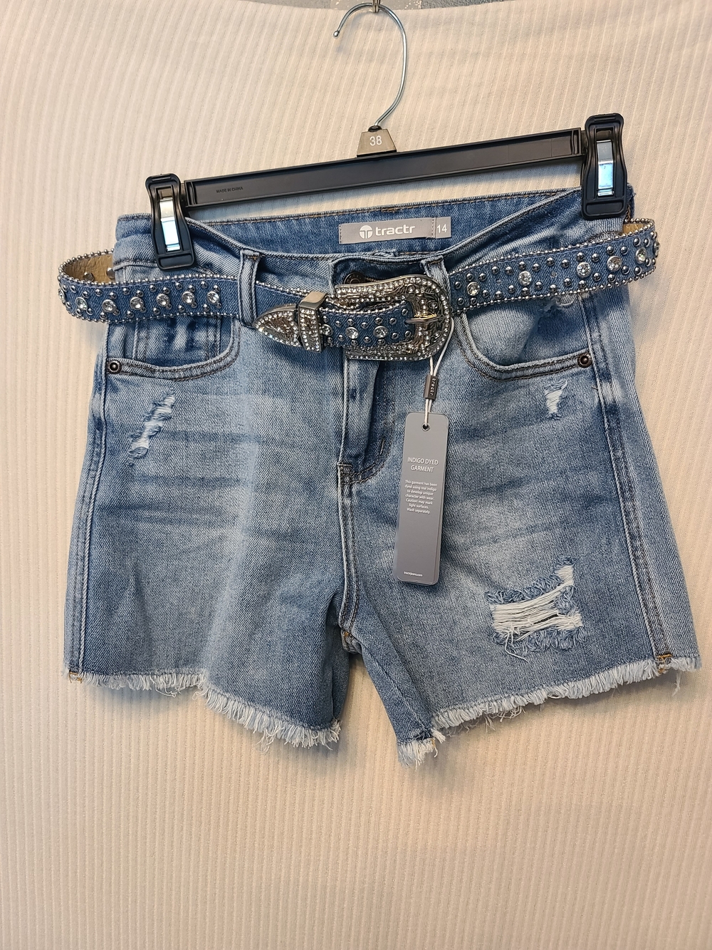 Tractr Light Blue Distressed Denim Shorts with Studded Belt